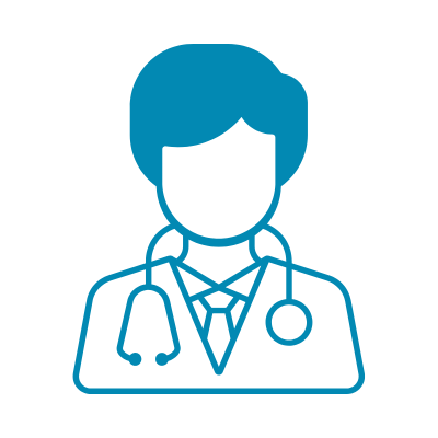 Line outline of a healthcare provider with a lab coat and stethoscope