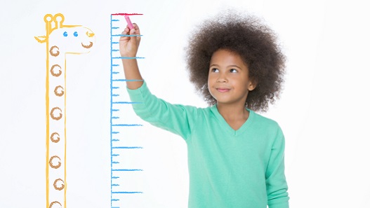 Young girl standing next to giraffe growth chart