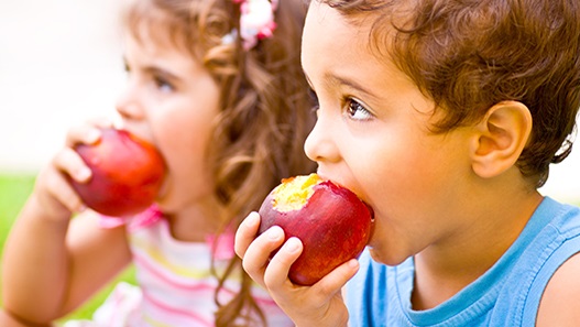 Photo of a young boy and young girl eating apples