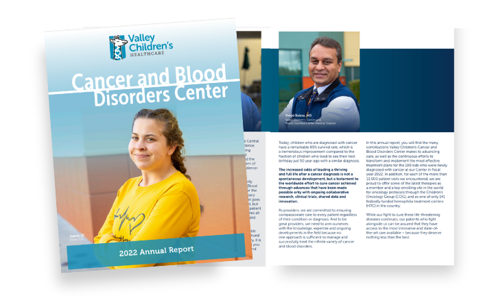 Portada del informe anual 2022 del Centro de Cáncer y Trastornos Sanguíneos de <i>Valley Children's</i>