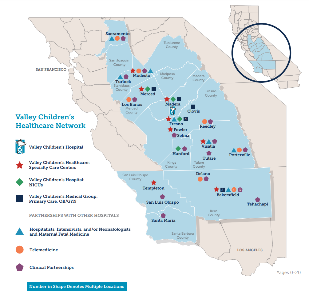 Valley Children's network map showing Valley Children's facilities and practice locations