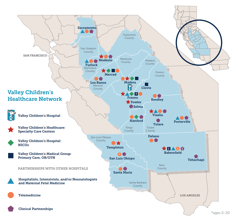 Valley Children's network map showing Valley Children's facilities and practice locations