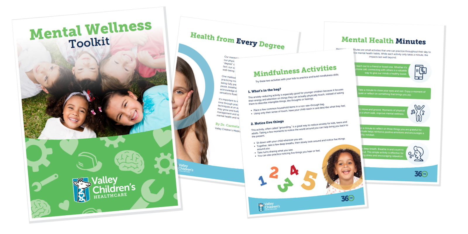 Páginas de ejemplo del Kit de Recursos sobre Salud Mental 360me de <i>Valley Children's</i>