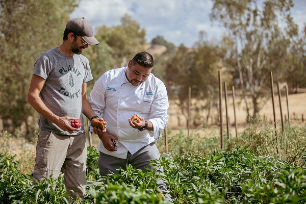 Chef Robert talking with farmer about crops in field
