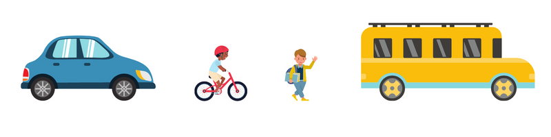 Graphics of a car, child on bicycle, child walking, and school bus