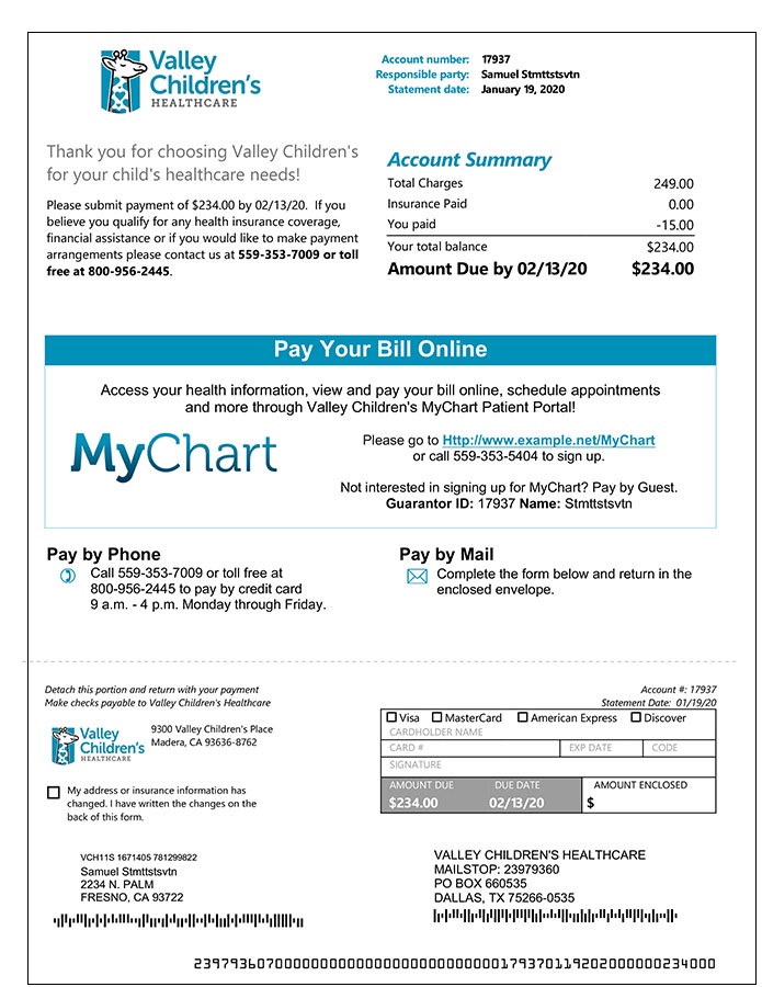 Example of a MyChart billing statement