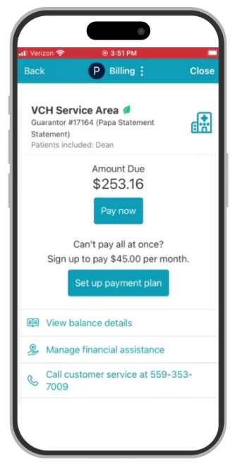 A smartphone showing the option to pay your bill on MyChart