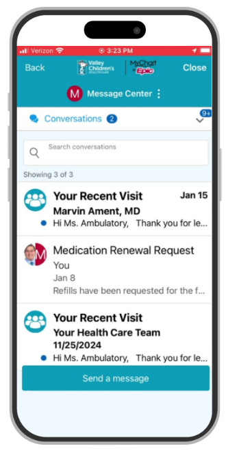 A smartphone showing a MyChart inbox