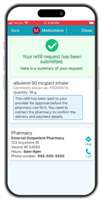 A smartphone showing a confirmation for putting in a refill for medication