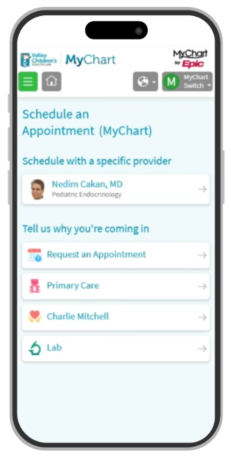 A smartphone showing the request appointment screen on MyChart