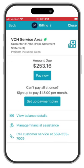 A smartphone showing the option to pay your bill on MyChart