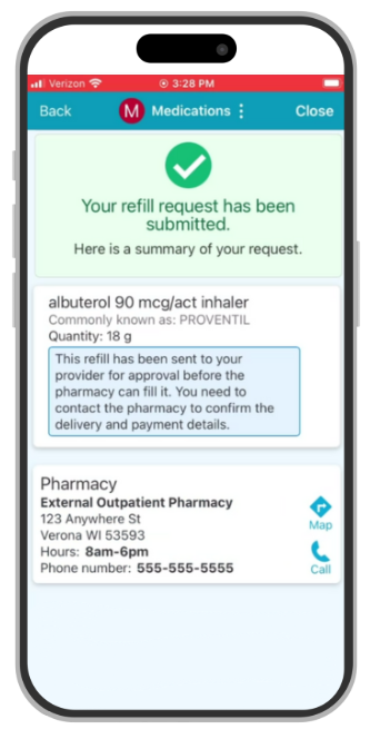 A smartphone showing a confirmation for putting in a refill for medication