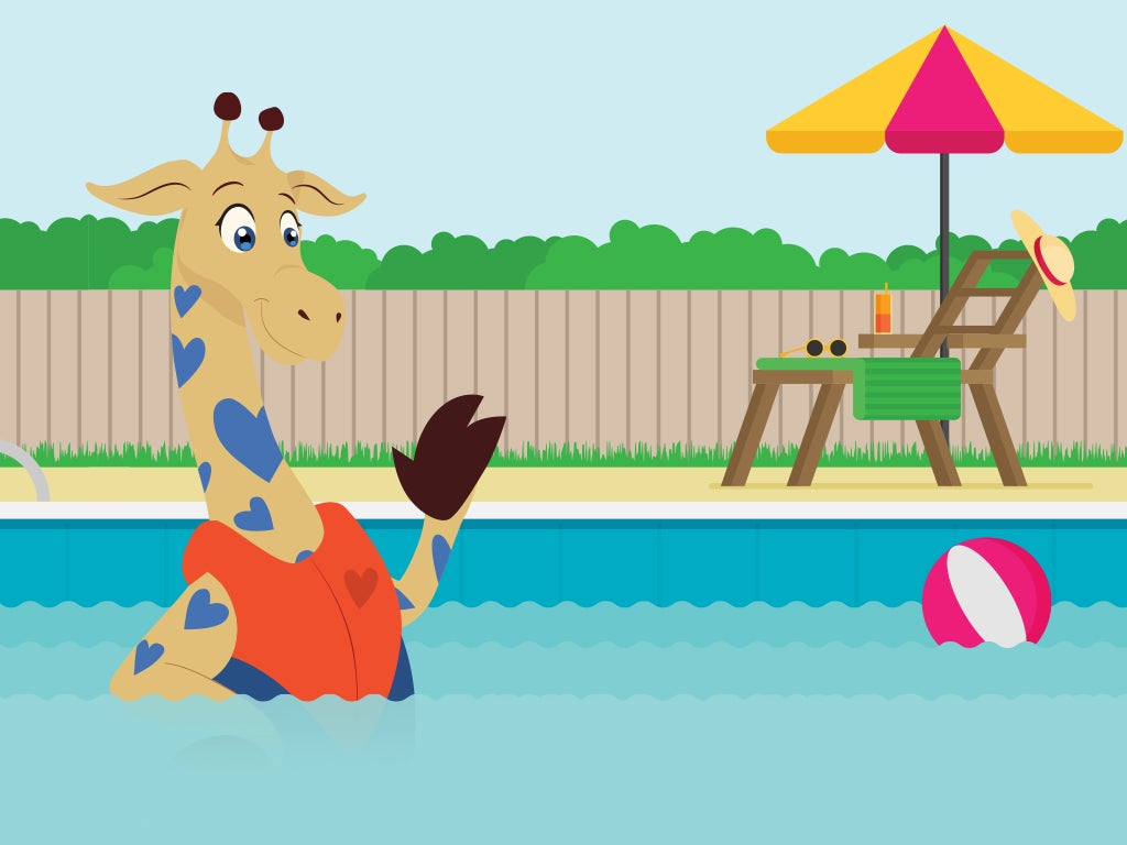 George the Giraffe plays safely in a pool