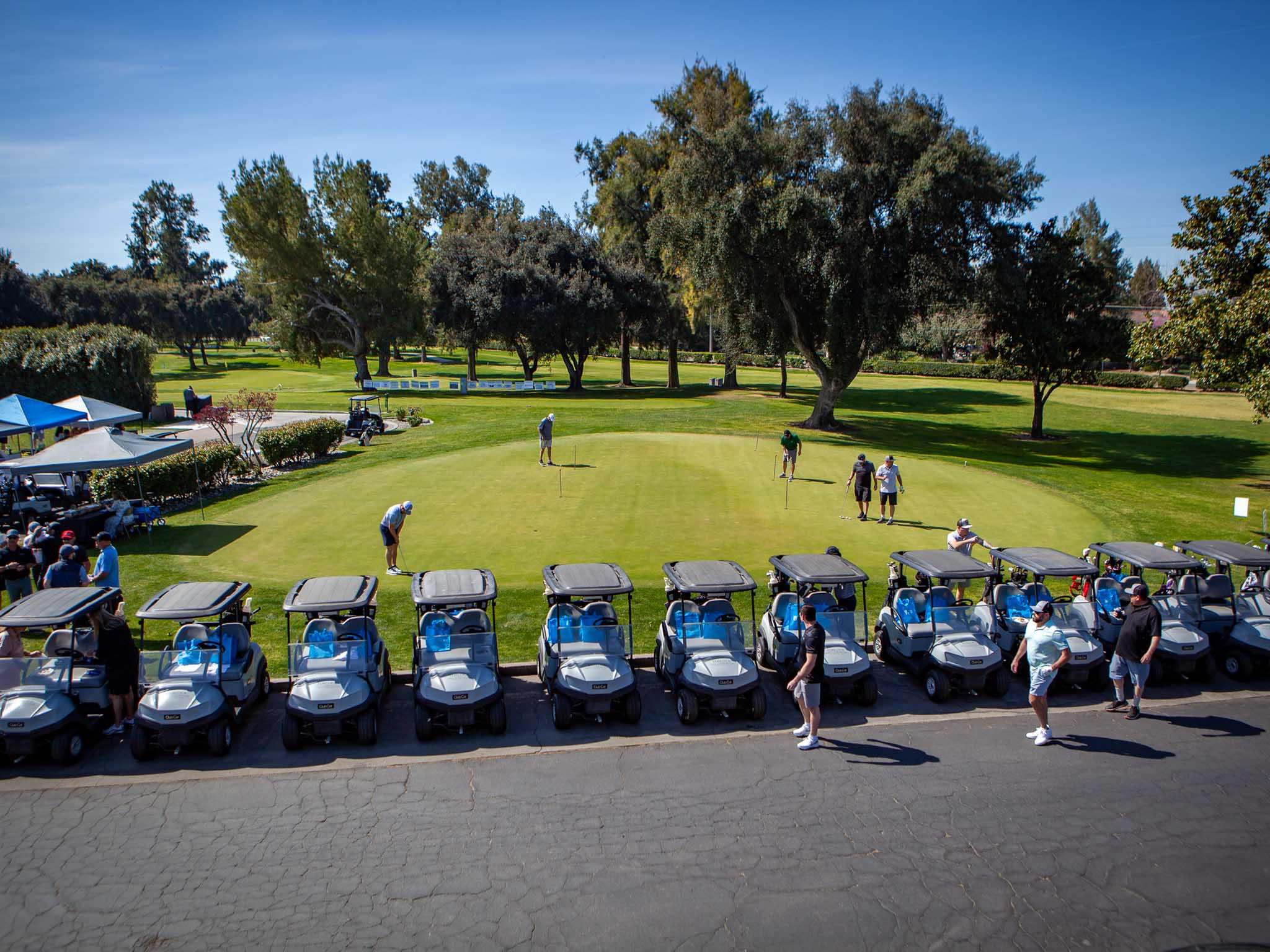 Golf carts lined up next to a golf course with players