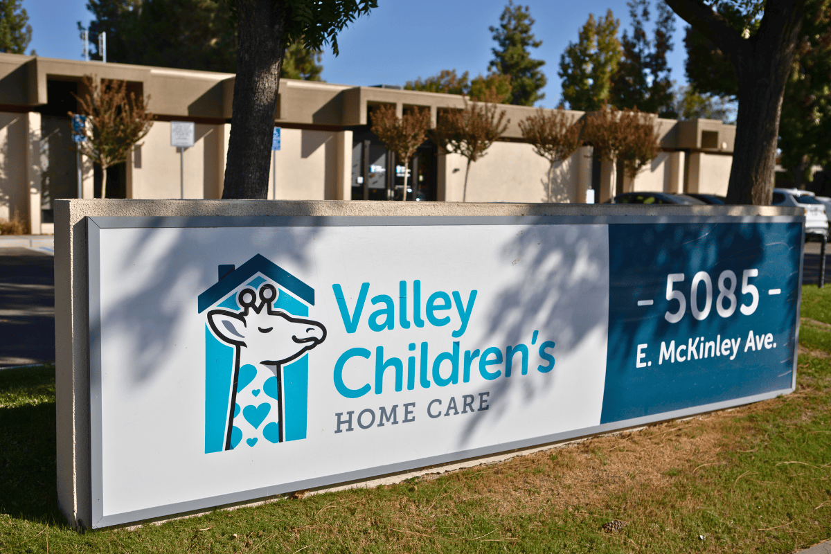 A location sign outside of Valley Children's Home Care office in Fresno