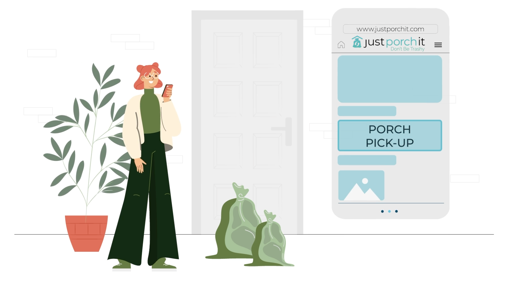 girl sets bags of donated clothes on porch