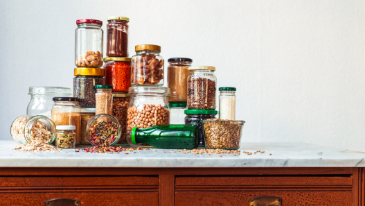 Pantry items stacked on countertop
