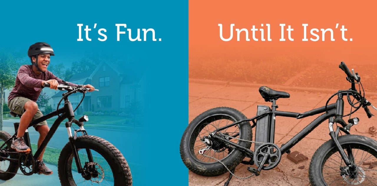 A bike with a rider, then without, and the slogan "It's fun until it isn't"