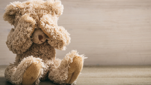 Foto de oso de peluche tapándose los ojos