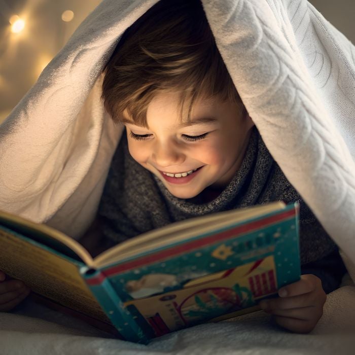 Child reading a book under a blanket