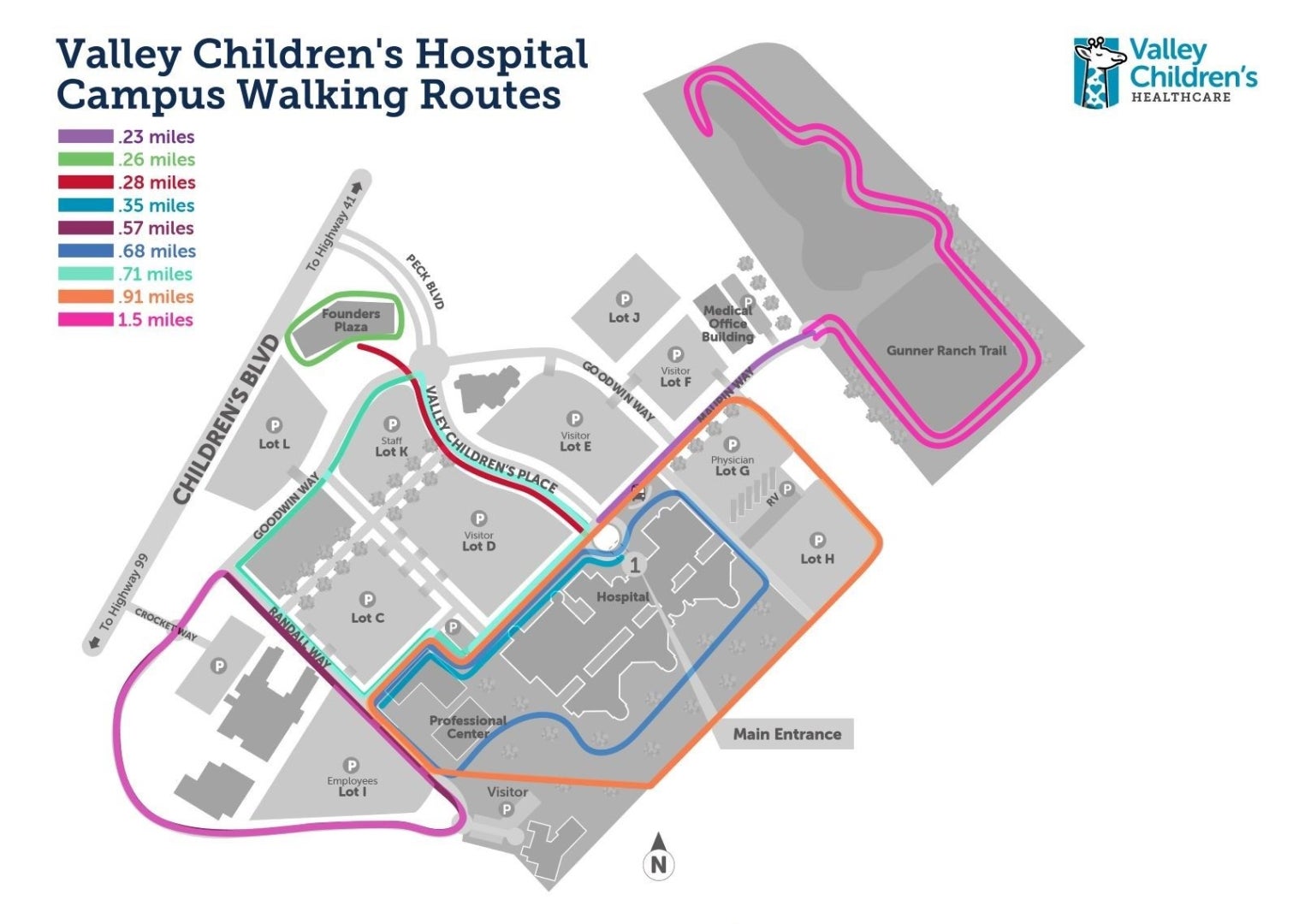 A map showing walking paths on Valley Children's Hospital's campus