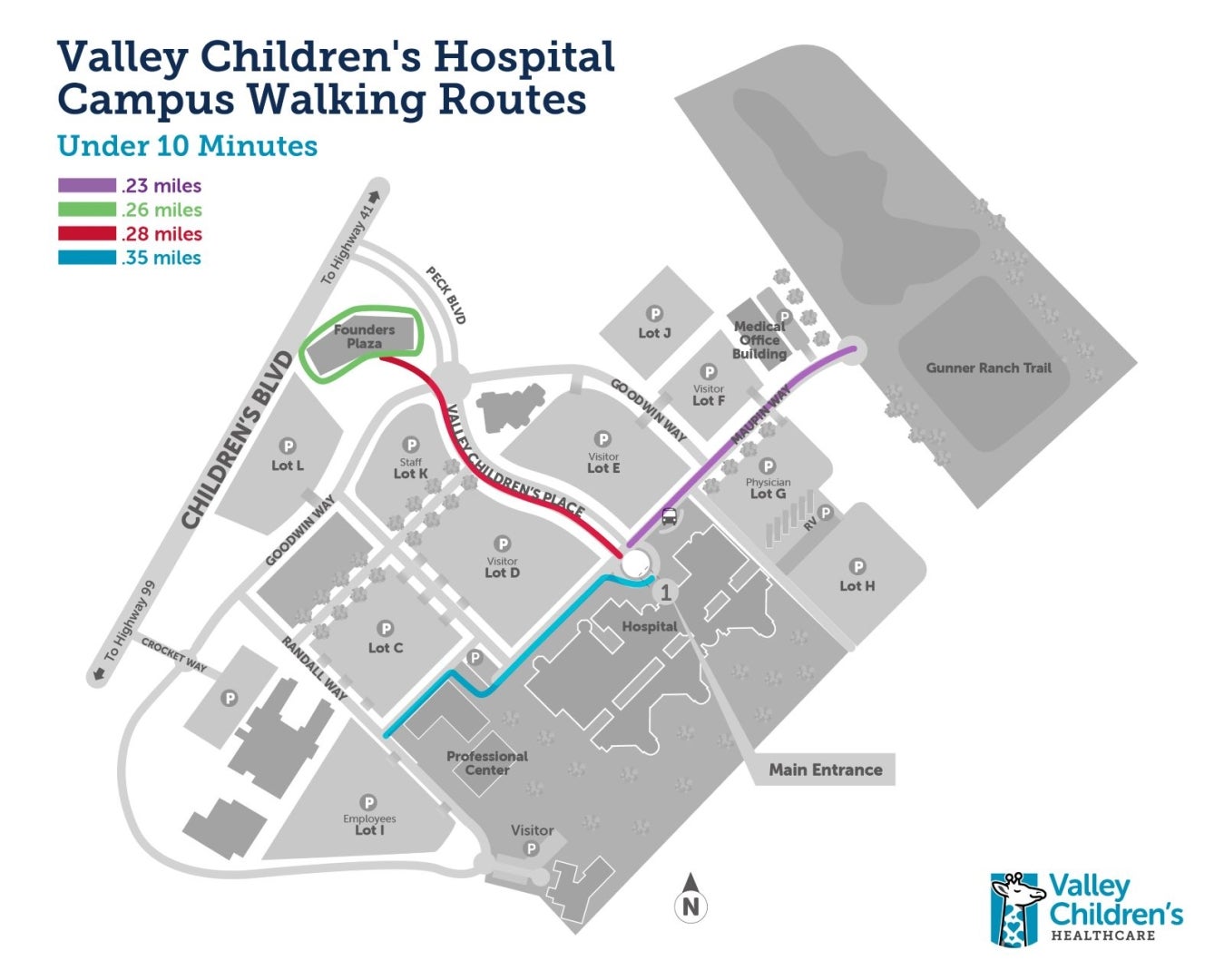 A map showing walking paths under 10 minutes on Valley Children's Hospital campus