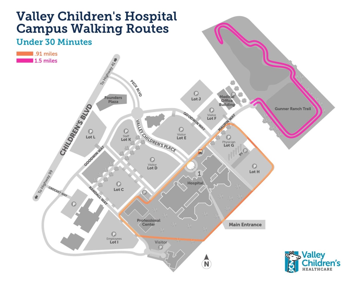 A map showing walking paths under 30 minutes at Valley Children's Hospital