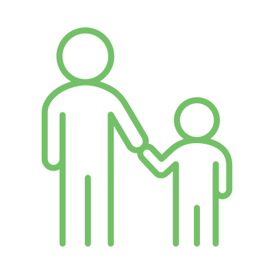 A line drawing of an adult holding hands with a child