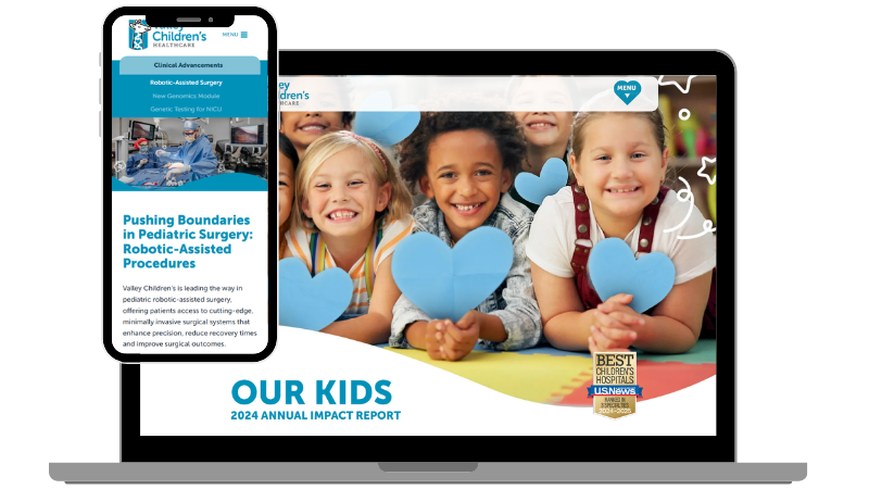Mockup on a mobile phone and laptop screen of the 2024 Valley Children's Annual Impact Report