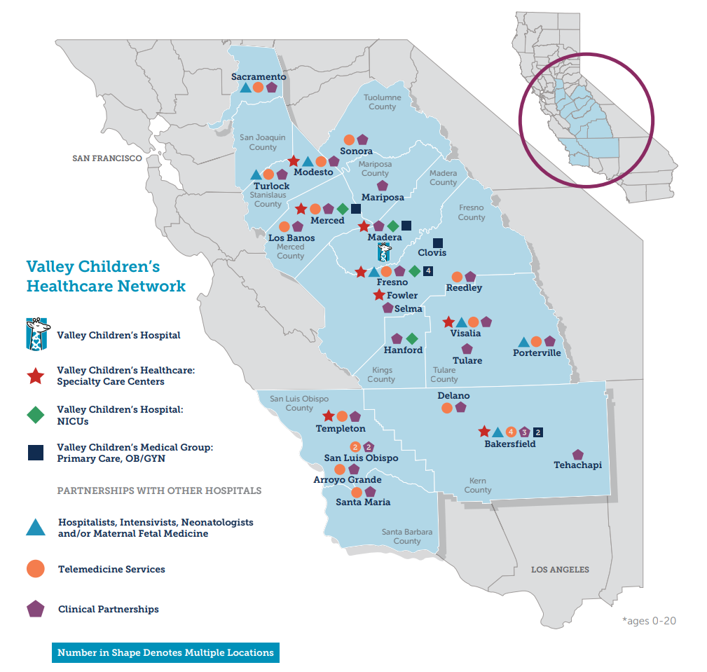 Valley Children's network map showing facility and partnership locations