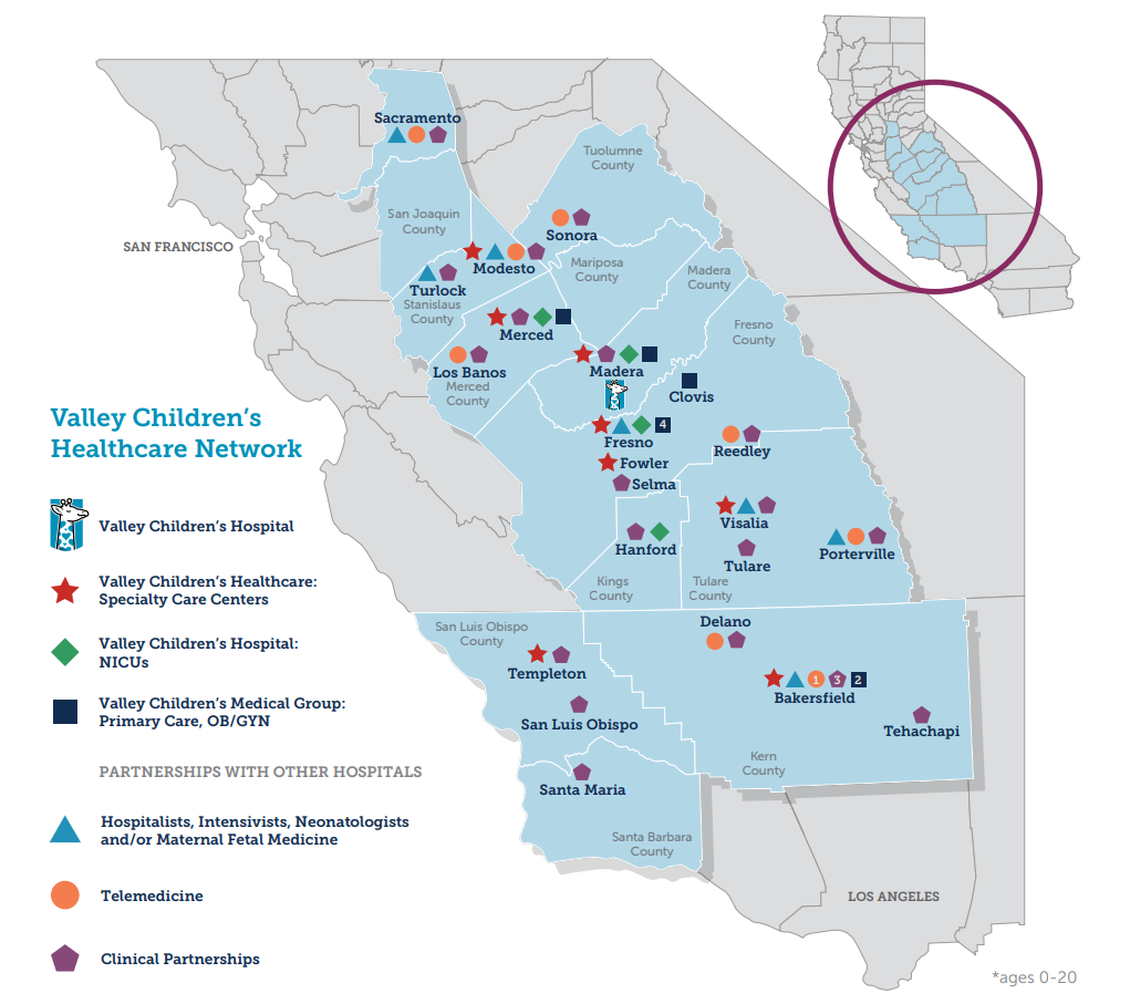 Map showing Valley Children's network of hospitals, specialty care centers, NICUs, and clinical partnerships