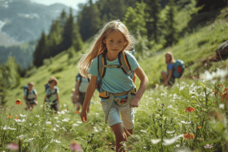 A young girl hikes up a verdant mountain