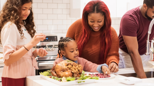 Family gathered around thanksgiving dinner 