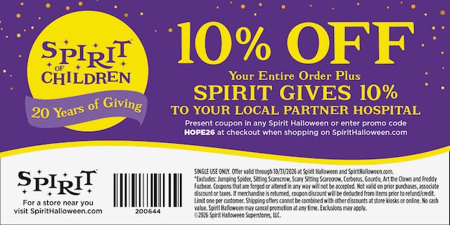 Coupon for 10% Off Your Entire Order at Spirit Halloween. Promo Code HOPE26
