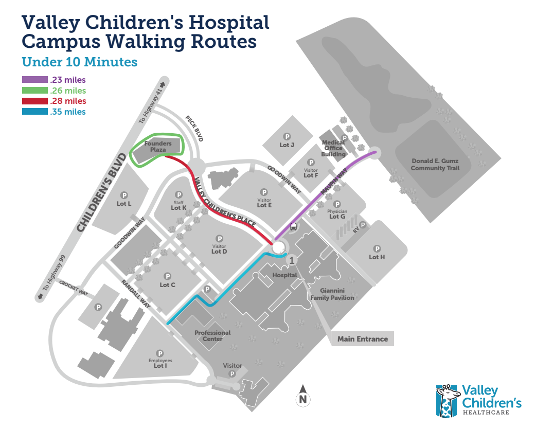 A map showing walking routes under 10 minutes on Valley Children's Hospital campus