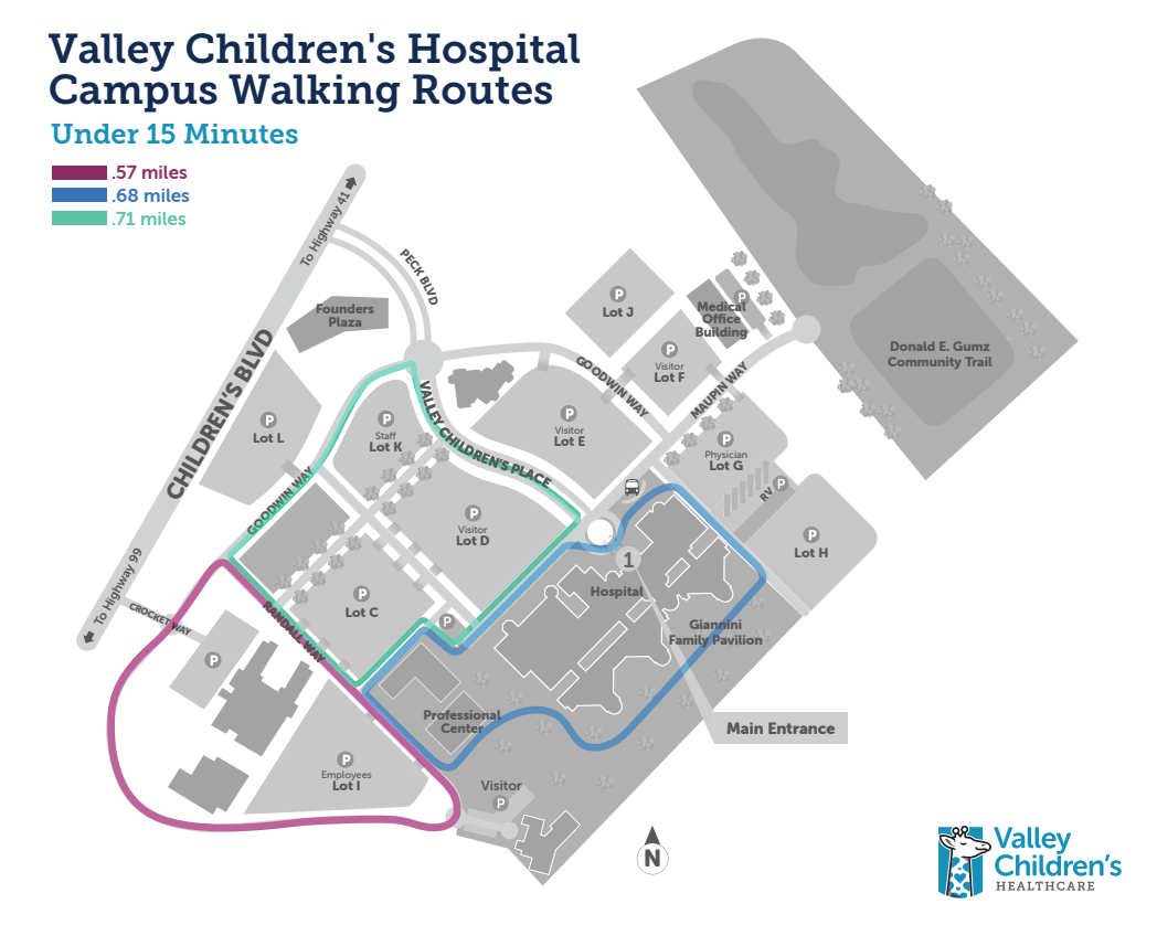 A map showing walking routes under 15 minutes on Valley Children's Hospital campus